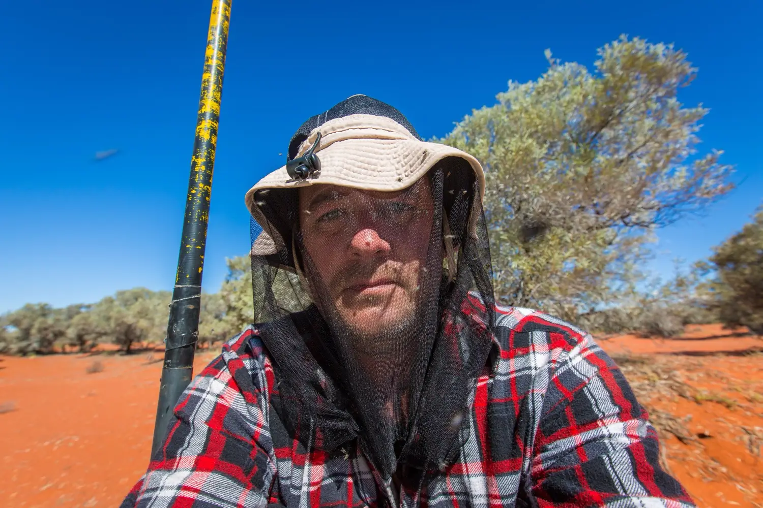 Desert traveller wearing insect net